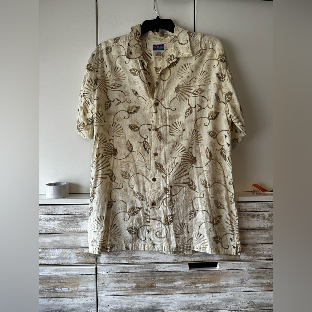🌴 NorthCrest Tropical Print Button Down Shirt Mens L Beige Resort